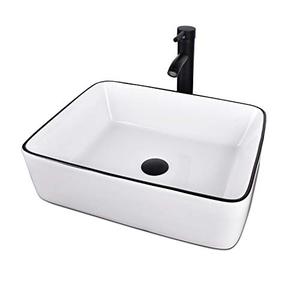 lot 47766 image: White Ceramic Bathroom Sink, Above Counter Porcelain Vessel Sink with Oil Rubber Bronze Faucet and Pop up drain Combo, Rectangle