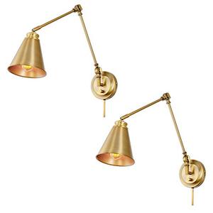 lot 47813 image: Kira Home Ellis 18 Vintage Industrial Swing Arm Wall Lamp - Plug inWall Mount  Cord Covers, Warm Brass Finish, 2-Pack