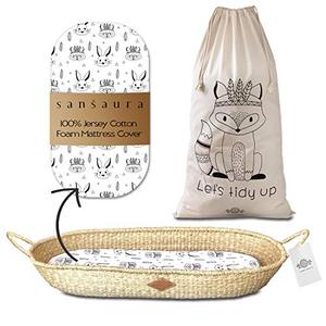 lot 47846 image: Sansaura Nursery Set - Baby Moses-Style Seagrass Diaper Changing Basket with Thick Waterproof Pad & 100% Cotton Fitted Sheet, Toy Storage Bag - Woodland Designs - Shower Gift for Newborns, Parents