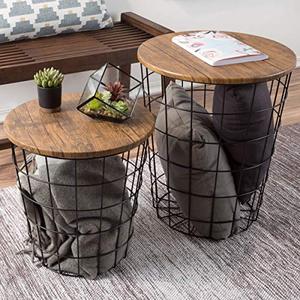 lot 47862 image: Lavish Home 80-ENDTBL-2 (Set of 2) Nesting End Storage Convertible Round Metal Basket Wood Veneer Top Accent Side Tables, Dark Brown, No Lids