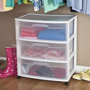 lot 47896 image: Sterilite 29308001 Wide 3 Drawer Cart, White Frame with Clear Drawers and Black Casters, 1-Pack