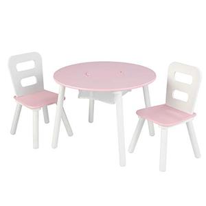 lot 47915 image: KidKraft 26165 Wooden Round Table & 2 Chair Set with Center Mesh Storage - Pink & White, 26 x 27 x 3.5