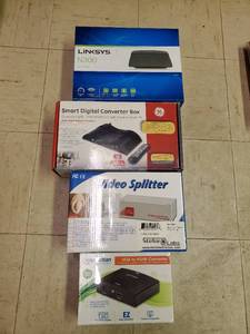 lot 35659 image: Linksys Router, Digital Converter Box, Video Splitter, VGA to HDMI Converter