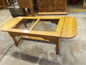 lot 1006 image: Oak Dropleaf and Glass Top Coffee Table 16 x 54 x 20 in