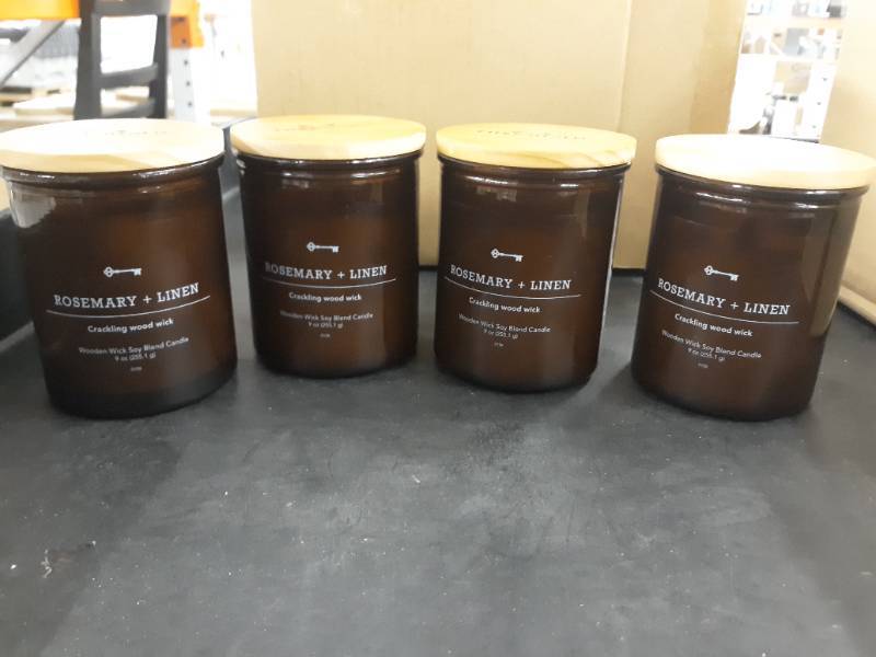 PACK OF 4 CANDLES) 9oz Lidded Amber Glass Jar Crackling Wooden Wick  Rosemary and Linen Candle - Threshold, Contractor Special & Home Goods -  Tools, Home Improvement & More!