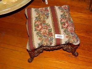 lot 19629 image: 11 Upholstered Foot Stool w Decorative Cast Iron Legs