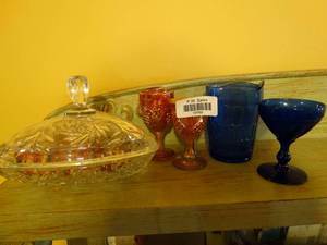 lot 19760 image: Lot of small Glass Paperweights and Blue and Orange Glass Goblets