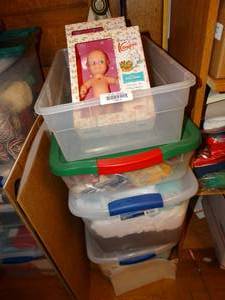 lot 19812 image: Small Tubs with Contents  Fabric - Ribbon - Dolls