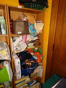 lot 19816 image: Large Lot of Fabrics and Patterns and Paper on Wood Shelf