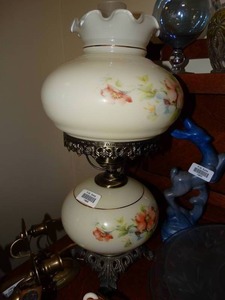 lot 19868 image: Old Double Globe Floral Lamp