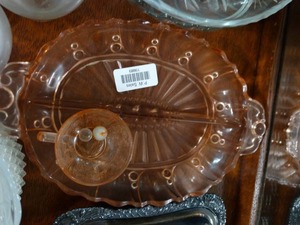 lot 19889 image: Orange and Clear Pressed Glass Platter and Cup
