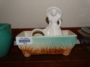 lot 19890 image: McCoy  Dish and Misc Woman w Hat and Basket white glass
