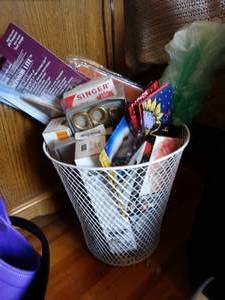 lot 35162 image: White Basket with Scissors, Toy Cars, Candle Lamp, Etc