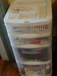 lot 35063 image: Plastic Storage on Wheels w Contents  Thread  Notions and Misc