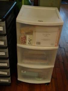 lot 35065 image: 3 Plastic Drawers w Contents  Patterns  Notions - Etc