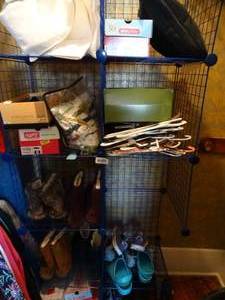 lot 35084 image: Contents of Shelf-- Shoes, Hangers, Etc