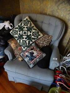 lot 35105 image: Blue Arm Chair with Decorative Pillows
