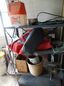 lot 35258 image: Contents of Shelf-- Live Bait Bucket, Insulated Bag, Portable Light, Etc
