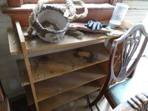 lot 35294 image: 4-Tier Wood Shelf with Assorted Contents