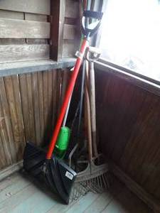 lot 35241 image: Lot of Long Handled Tools and Vintage Metal Seat