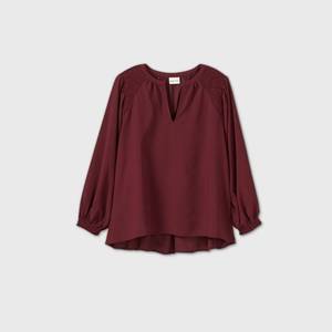 lot 2609 image: Womens Plus Size Long Sleeve V-Neck Smocked Popover Blouse - Ava & Viv Burgundy 4X