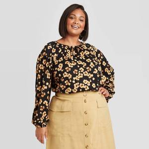 lot 2612 image: Womens Plus Size Floral Print Long Sleeve Knit Blouse - Ava & Viv Gold X