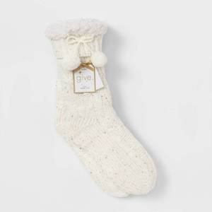 lot 2616 image: Womens Sequin Twist Sherpa Lined Slipper Socks with Grippers - Ivory 4-10