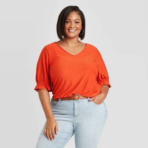lot 2632 image: Womens Plus Size Ruffle Short Sleeve Swiss Dot Blouse - Ava & Viv Orange 2X