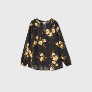 lot 2640 image: Womens Plus Size Floral Print Long Sleeve V-Neck Smocked Popover Blouse - Ava & Viv Black 4X