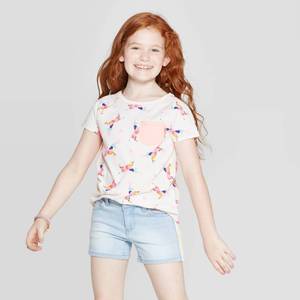 lot 2667 image: Girls Short Sleeve Unicorn Print Pocket T-Shirt - Cat & Jack Cream M, White