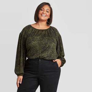 lot 2710 image: Womens Plus Size Animal Print Long Sleeve Knit Blouse - Ava & Viv Green 1X