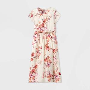 lot 2819 image: Womens Floral Print Short Sleeve Cinched Waist Dress - A New Day Cream XL, Ivory