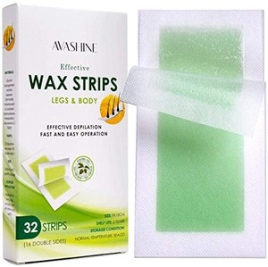 lot 21597 image: Avashine Wax Strips for Arms, Legs, Underarm Hair, Eyebrow, Bikini, and Brazilian Hair Removal Contains 32 Strips