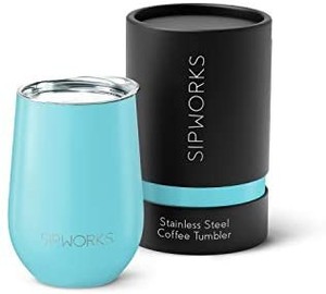 lot 21629 image: Sipworks Stainless Steel Wine Tumbler Double-Wall Vacuum Insulated Stemless Wine Glass with Lid, 12-Ounce Aquamarine