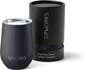 lot 21647 image: Sipworks Stainless Steel Wine Tumbler Double-Wall Vacuum Insulated Stemless Wine Glass with Lid, 12-Ounce Midnight Black