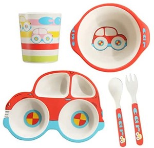 lot 21650 image: 5 Piece Bamboo Dinnerware for Kids, Toddler, Car Plate and Bowl Set, Eco Friendly and Dishwasher Safe, Great Gift for Birthday, Baby Shower