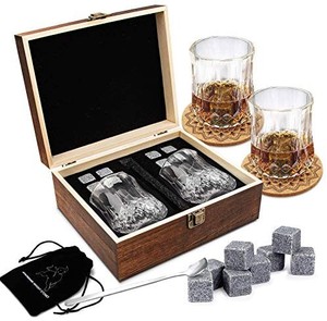 lot 31252 image: Whiskey Stones Gift Set - Scotch Bourbon Glasses Set, Whisky Rocks Chilling Stones in Wooden Gift Box - Gift Set for Men - Idea for Birthday, Anniversary, Christmas, Fathers Day.( box is damaged contents are fine