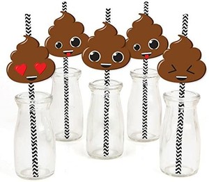 lot 21704 image: Party Til Youre Pooped - Paper Straw Decor - Poop Emoji Party Striped Decorative Straws - Set of 24 2pack bundle