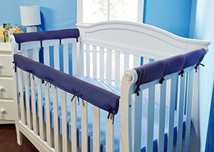 lot 21747 image: Kids Padded Baby Crib Rail Cover Set- Crib Rail Teething Guard - 3-Piece Front and Side Padded Rail Cover- with Sewn Ties for Secure Fit - Navy Soft Microfiber Polyester ��
