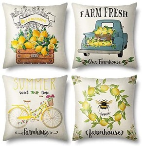 lot 21754 image: Outdoor Throw Pillow Covers Summer Decorations Lemon Truck Bike bee Fresh Flowers Farmhouse Pillowcase Cotton Linen Cushion Case for Summer Home Decor 18x18 Inches Pillowcases designs are different, please see last picture
