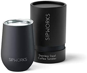 lot 31326 image: Sipworks Stainless Steel Wine Tumbler Double-Wall Vacuum Insulated Stemless Wine Glass with Lid, 12-Ounce Midnight Black