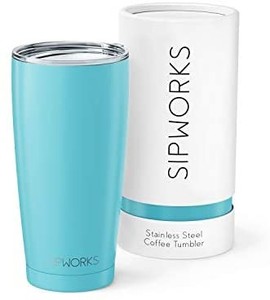 lot 31329 image: Sipworks Stainless Steel Coffee Tumbler Double-Wall Vacuum Insulated Spill-proof Travel Mug Metal Coffee Cup with Lid, 20-Ounce Aquamarine
