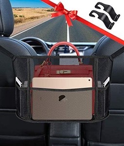 lot 31355 image: Car Mesh Organizer Net Pocket Bag Pouch Backseat Handbag Purse Holder Pets Kids Barrier Upgrade Four Compartments Fix Straps Fit Cars with Headrest Pole and Front Open Armrest Box  red trim