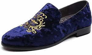lot 31378 image: FLQL Mens Luxury Velvet Penny Loafers Shoes Embroidery Suede Dress Loafers Daily Boats Shoes for Party Wedding Prom