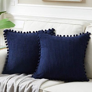 lot 31379 image: Pack of 2 Corduroy Navy Blue Decorative Throw Pillow Covers with Pom-poms, Solid Square Cushion Case Pillow Cases Set for Couch Sofa Bedroom Car Living Room (18x18 Inch45x45 cm, Navy Blue