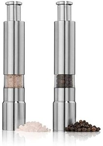 lot 31414 image: Salt and Pepper Grinder Set of 2,Stainless Steel Push Button Grinder Modern Design Thumb Grinder, for Black Pepper, Sea Salt and Himalayan Salt, Spice and Salt