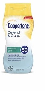 lot 1522 image: Coppertone Defend & Care Sensitive Skin Sunscreen Lotion SPF 50, 6 oz