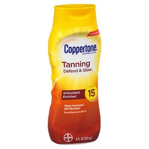 lot 1529 image: Coppertone Tanning Defend & Glow Sunscreen Vitamin E Lotion, SPF 15, 8oz