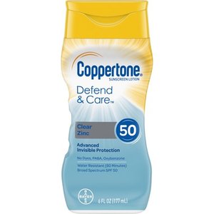 lot 1574 image: Coppertone Defend & Care Clear Zinc Sunscreen Lotion SPF 50, 6 oz
