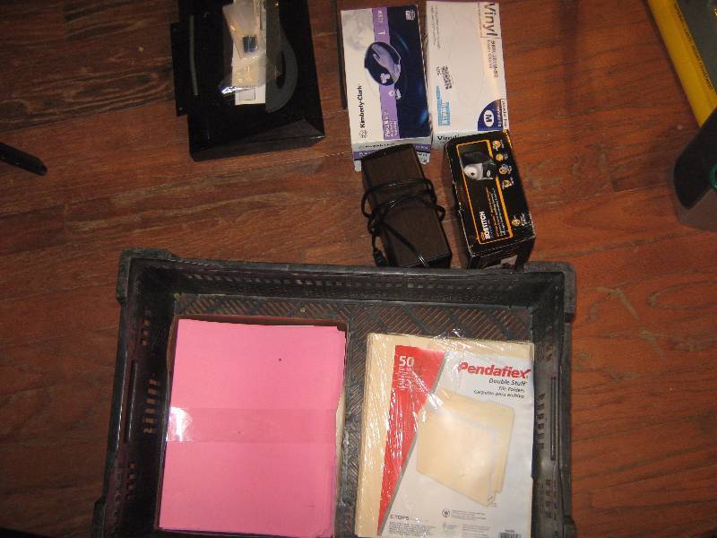 lot 5021 image: Office lot- 2 boxes vinyl gloves, wall hanger, pencil sharpeners, file folders